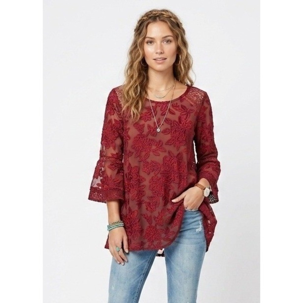 Figuerca & Flower Tunic Size M Burgundy Floral Lace 3D Embroidery Bell Sleeve